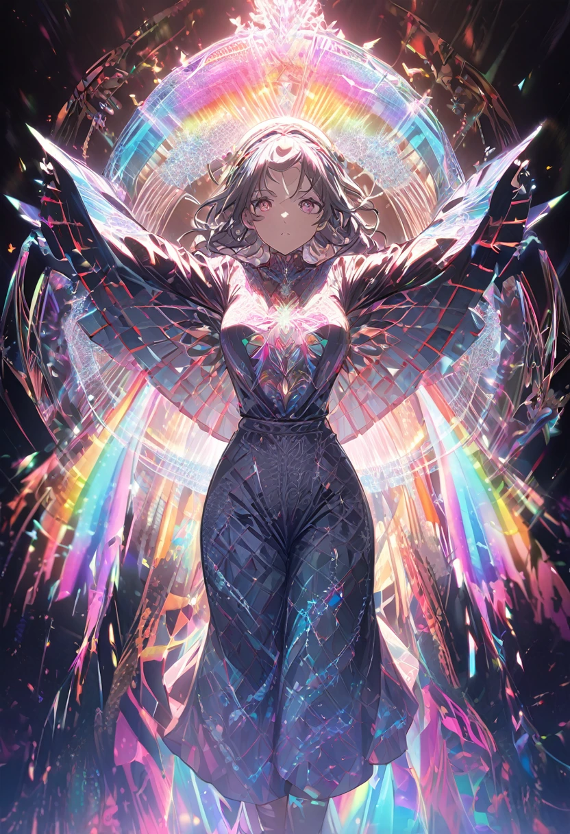 In a world where technology meets spirituality, a luminous celestial being bathes in a holographic aura of rainbow light, radiating a sense of otherworldly beauty. The image is a digital hologram projected against a stark black background, creating a striking contrast. Its ethereal presence is highlighted by intricate metallic filigree patterns that seem to dance and shift with every movement. The details are so incredibly vivid and realistic that it feels as if the divine entity could step out of the screen at any moment. The overall effect is mesmerizing, drawing viewers into a realm of awe-inspiring wonder and magic.anime , girl