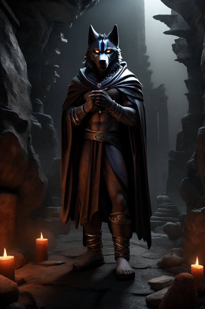 (((Barefoot furry character, full body, cinematic setting, furry male, plantigrade))), (((wearing silver anklets))), (((wearing gladiator sandals)))
(((Hades))) - (((God of the Underworld))) depicted as a mysterious (((wolf))) anthro with charcoal-gray fur and glowing amber eyes. He wears a dark hooded cloak that billows around him. Hades sits barefoot amidst eerie mist and shadows, with spectral forms and ghostly apparitions in the background. Symbols of the underworld like skeletal remains and obsidian pillars surround him. Cerberus, the three-headed dog, is at his side.
BREAK, detailed background, 8K, (masterpiece:1.5), intricate details, highly detailed, extreme detail, octane render, fine art, best quality, highres, (detailed face:1.5), ((full_body)), UHD, (((perfect hands))), (((perfect feet))), low light