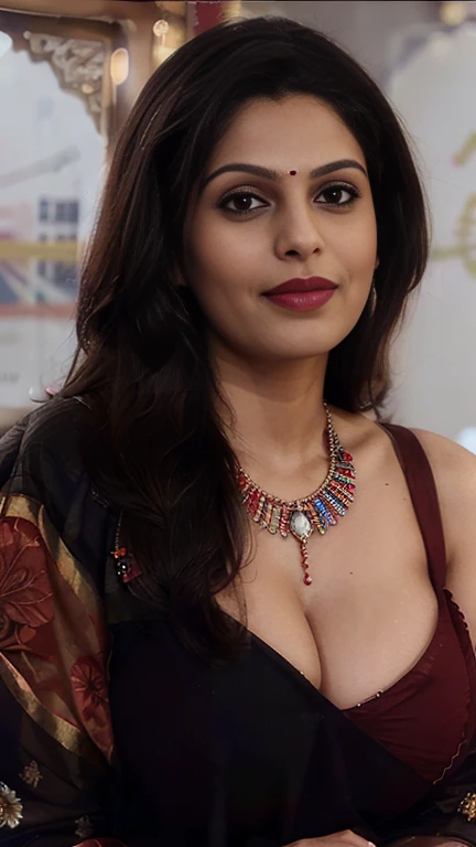 Day scene, close up photo of sona nair seducing in a news studio, perfect figure, swooping breasts, deep cleavage, french braid hair, necklace, red lips, vibrant and colorful salwar-kameez dress, heavily embroidered dress, sultry, look at viewer and smile, (cinematic:1.3), intricate details, (ArtStation:1.2)