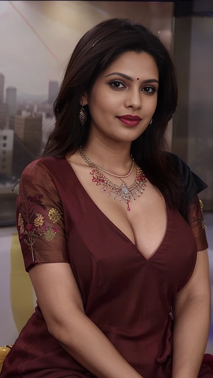 Day scene, close up photo of sona nair seducing in a news studio, perfect figure, swooping breasts, deep cleavage, french braid hair, necklace, red lips, vibrant and colorful salwar-kameez dress, heavily embroidered dress, sultry, look at viewer and smile, (cinematic:1.3), intricate details, (ArtStation:1.2)