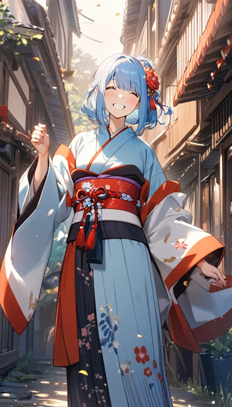 1girl,long face,short sky blue hair, traditional Japanese dress,joyful smile,standing,closer,