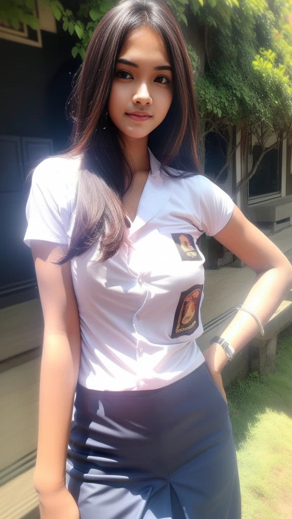 1girl, (Indonesian_high_school_uniform), standing, outdoors, clear light, detailed face, detailed eyes, huge breasts, shiny skin, indonesian face, looking at the audience,(8k, RAW photo, best quality, masterpiece: 1.17), (realistic, realistic: 1.21), ultra-high resolution
