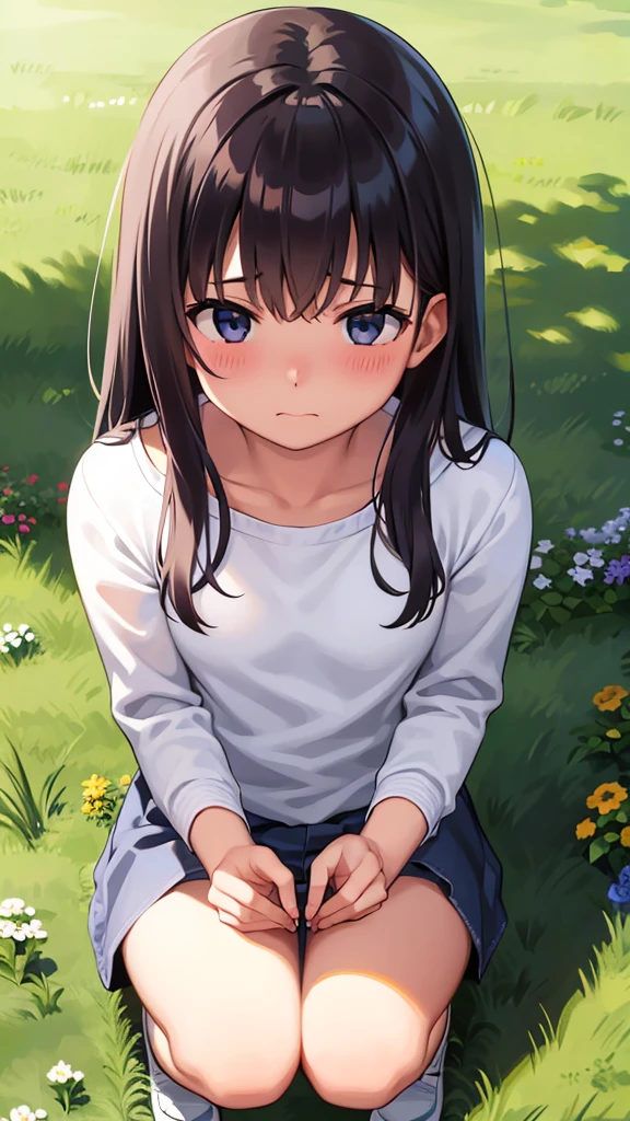 Girl、squat、Blushing、Grassland、In the shade、Hold your crotch with one hand。