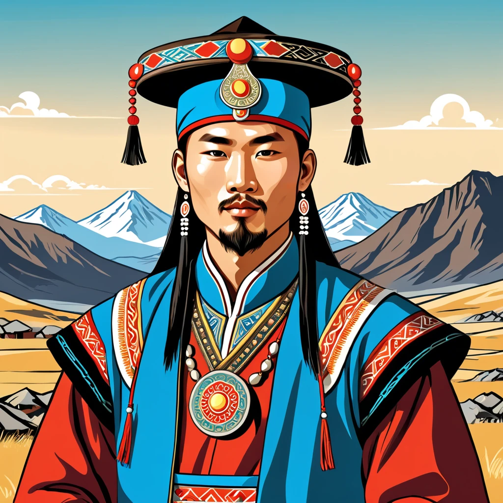 man in mongolia folk outfit, vector graphics, strong contours