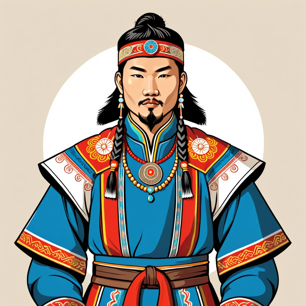 man in mongolia folk outfit, vector graphics, strong contours
