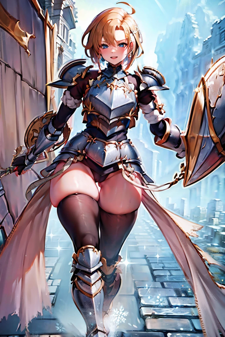 jewelry, bodysuit, fingerless gloves, knight, highleg, (((skin tight))), vambraces, arm guards,faulds,greaves, 1girl,solo,　gauntlets, armored boots, breastplate, pauldrons, shoulder armor, big armors, thighhighs, dare thighs, short hair, pink hair, blue eyes, adult, adult face, fearless face, curvy, perfect proportion, perfect anatomy, perfect body, armored dress knight, plate armor knight, silver knight armor, ahoge, center loincloth, skirt, black legwear, black clothes, black wear, covered arms, masterpiece, masterwork, best quality, super fine illustration, beautiful, ultra detailed beautiful face, cg unity 8k wallpaper, ultra detailed, ultra high res, round face, smile, leotard, absurdres, exquisite, by famous artist, voluptuous, official art, fair skin, gleaming skin, oil skin, shiny skin, sweat, front view, two arms, both arms, perfect arms, perfect fingers, perfect hands, flame and battlefield background, shield, outdoor, perfect eyes, even eyes, symmetrical eyes, clear eyes, ultra detailed beautiful eyes,