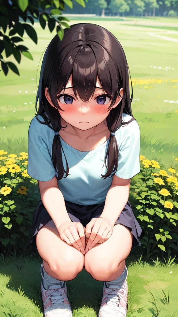 Girl、squat、Blushing、Grassland、In the shade、Hold your crotch with one hand。