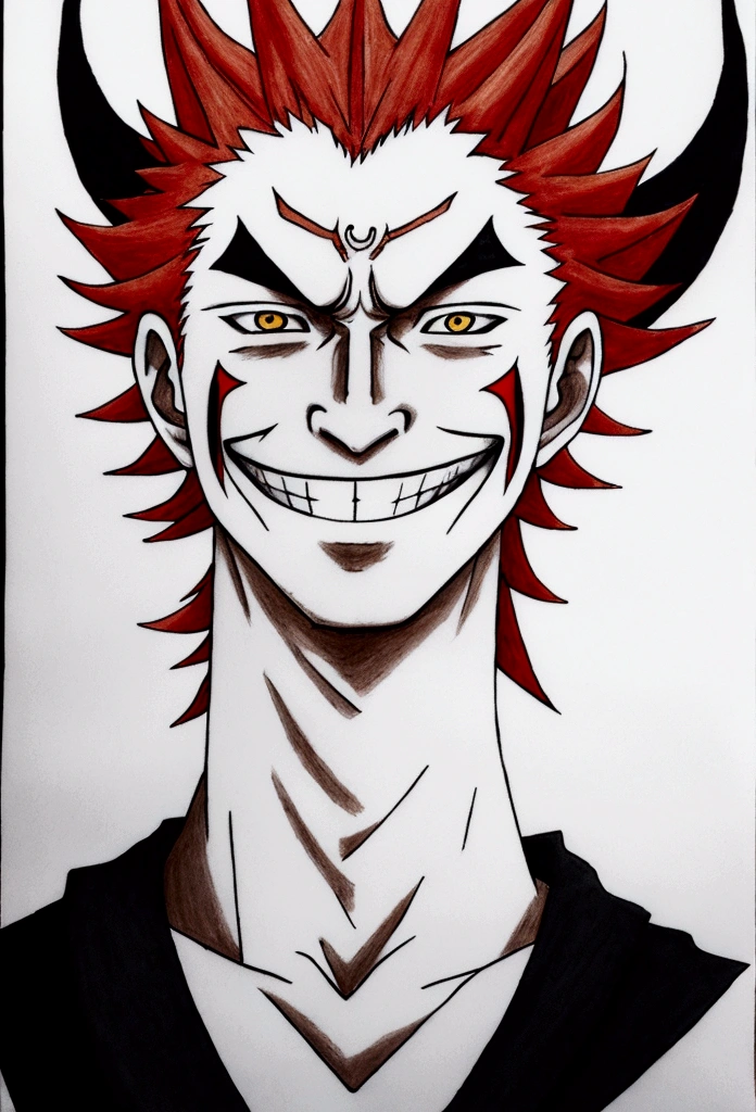 anime drawing of a man with red hair and red and yellow hair, with a spine crown, Ichigo kurosaki, crown of fire, With horns, Ichigo, He is very threatening and evil, oni horns, horns on the head, A devilish smile on his face, burning hell, the joker looks like naruto, with a strange hat