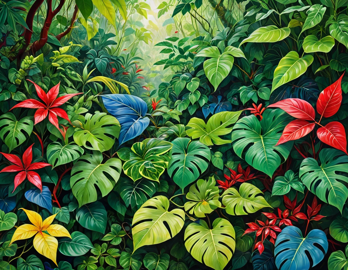The leaves are depicted in various shades of green, with intricate vein patterns that add realism.',
        'The vines twist and turn, creating a sense of movement and life.',
        'Flowers of different colors, including red, yellow, and blue, are scattered throughout, adding splashes of color to the greenery.',
        'This area highlights the beauty and complexity of jungle vegetation, providing a natural contrast to the technological elements in the rest of the design.',