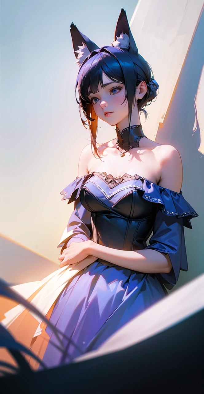 Best quality, masterpiece, ultra high resolution, (photorealistic:1.4), raw photo, 1 fox-eared girl, blue bustier dress, off-the-shoulder sleeves, in shadow, deep shadow, low light, light cold, detailed skin, Dress decoration