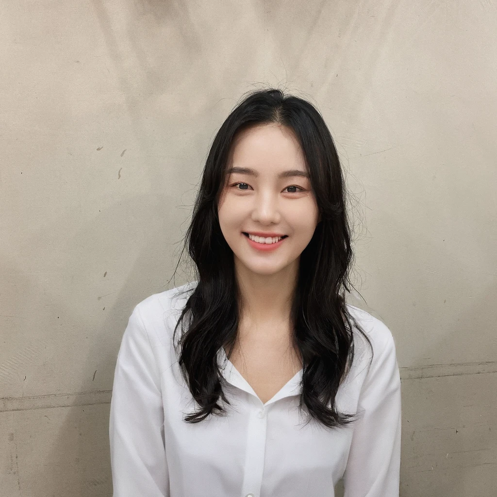 Best Quality, 8k, Masterpiece, (Portrait: 1.3), (photo realistic:1.4), (hyper realistic:1.4), Sharp Focus, looking at viewer, (smoother lighting:1.1), (increase cinematic lighting quality:0.9), realistic lighting, backlighting, light on face, ray trace, (brightening light:1.2), (Increase quality:1.4), sharp detail, (best quality real texture skin:1.4), finely detailed eyes, black_eyes, finely detailed face, 25 year old Korean woman, (white formal_shirt:1.4), (Create an image maintaining the original base model hairstyle:1.5)
