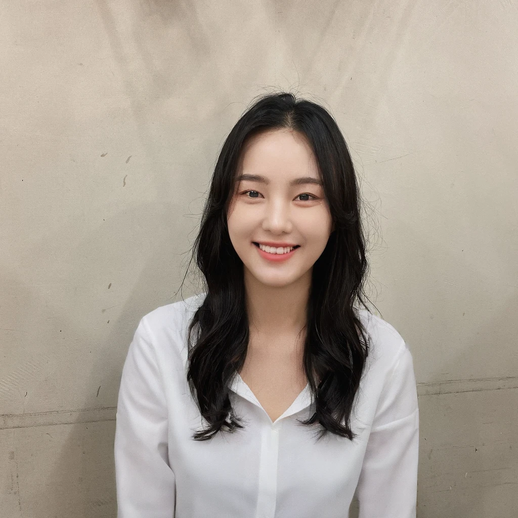 Best Quality, 8k, Masterpiece, (Portrait: 1.3), (photo realistic:1.4), (hyper realistic:1.4), Sharp Focus, looking at viewer, (smoother lighting:1.1), (increase cinematic lighting quality:0.9), realistic lighting, backlighting, light on face, ray trace, (brightening light:1.2), (Increase quality:1.4), sharp detail, (best quality real texture skin:1.4), finely detailed eyes, black_eyes, finely detailed face, 25 year old Korean woman, (white formal_shirt:1.4), (Create an image maintaining the original base model hairstyle:1.5)