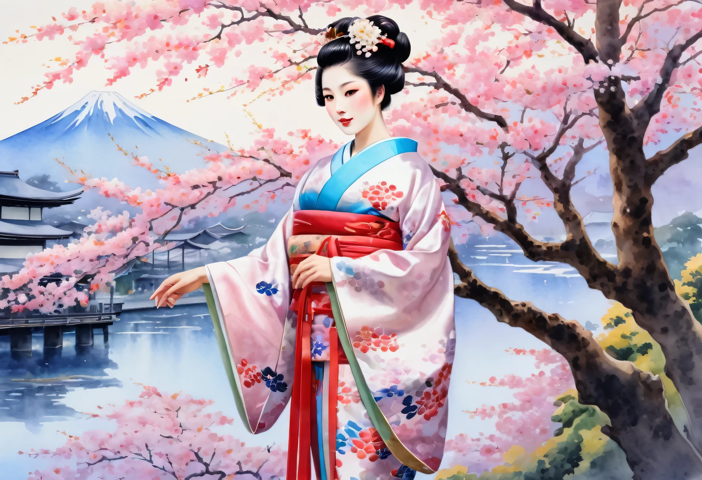 (Cherry blossom :1.5), (ink and watercolor painting:1.5), (Tasteful:1.5), (ink and watercolor painting:1.5), (full color:1.5), 8k, 4k, (landscapes:1.5),(cherry blossom trees:1.5),(wind:1.5),(flying cherry blossom petals:1.5),(kyoto:1.5),(pink theme:1.5),mount fuji in background, 1girl, A darK-haired, Smile, Eye-Level Shot, 8k, Super Detail, uhd, retina, masterpiece, Anatomically correct, Textured skin, kimono, silk fabric, japanese, Japanese clothes, (Wisteria floral pattern), Silk, Japan hair, Trailing hair, Japan beauties, BIG ASS, (wonderful proportions:1.8), (10 head body:1.8), Slim body, thin-waist, (Smart Standing), (Dignified atmosphere), Sense of cleanliness, (Full of elegance), Historical, heroine, refreshing, Edo style, Downtown Atmosphere, Edo-kko, Yoshiwara Geisha, Oiran, oiran, Countries, Juunihitoe, Premium kimono, amorous, Glossy appearance, (Long and beautiful legs:1.6), beautiful legs, (beautiful leg lines), (made in Japan:1.4), Genroku culture, beauty in return, sexy nape, watercolor painting style, half body.