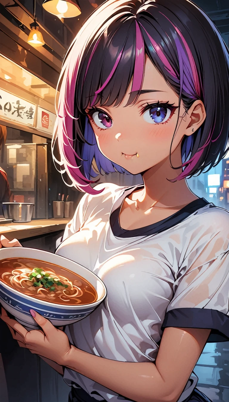 (highest quality:1.2, Very detailed, up to date, Vibrant, Ultra-high resolution, High Contrast, masterpiece:1.2, highest quality, Best aesthetics), Portraiture、girl、solo, (25-years-old), slim, , ((eating red hot noodle soup:1.6)), (chinese restaurant), heterrochromia, green eye, red eye, Bright colors、Beautiful fine details、Beautiful lip detail、extra short hair, ((bob cut:1.5))、pink and purple ((streaked hair:1.9)), (highlights hair: 1.6), (small breast:1.3), (tan skin:0.7), casual fashion, ((cowboy shot:1))
