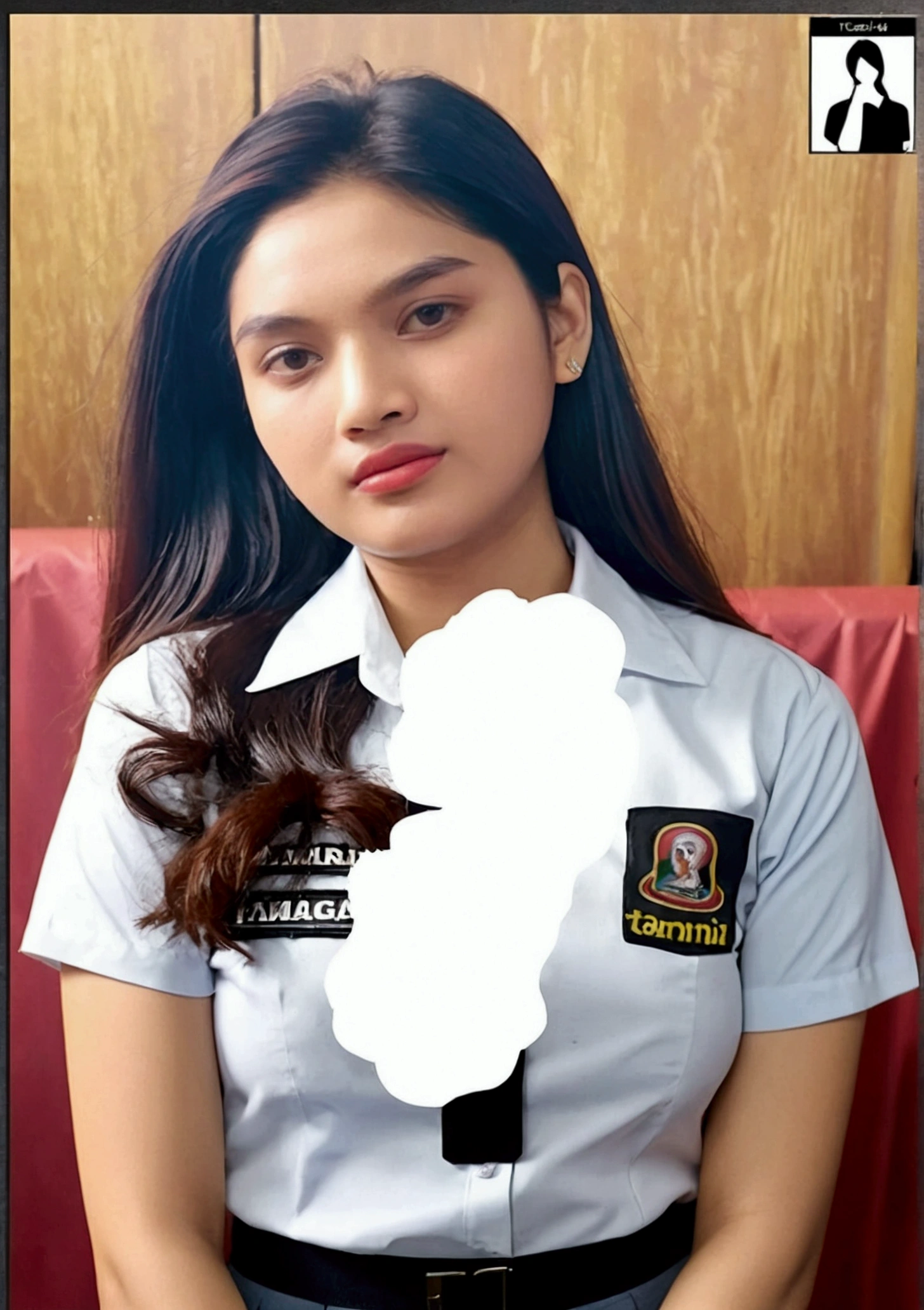 A beautiful woman, 18 years old, with a slightly sweaty face (smells of tamarind), with an expression as if she was smelling her body odor. wearing an Indonesian high school student council uniform (white and gray, the clothes are super tight, the clothes are really tight on the body which emphasizes the curves of her body along with the long skirt) long black wavy hair. Create a standing pose in front of the class & also sitting in class (2 photos)!