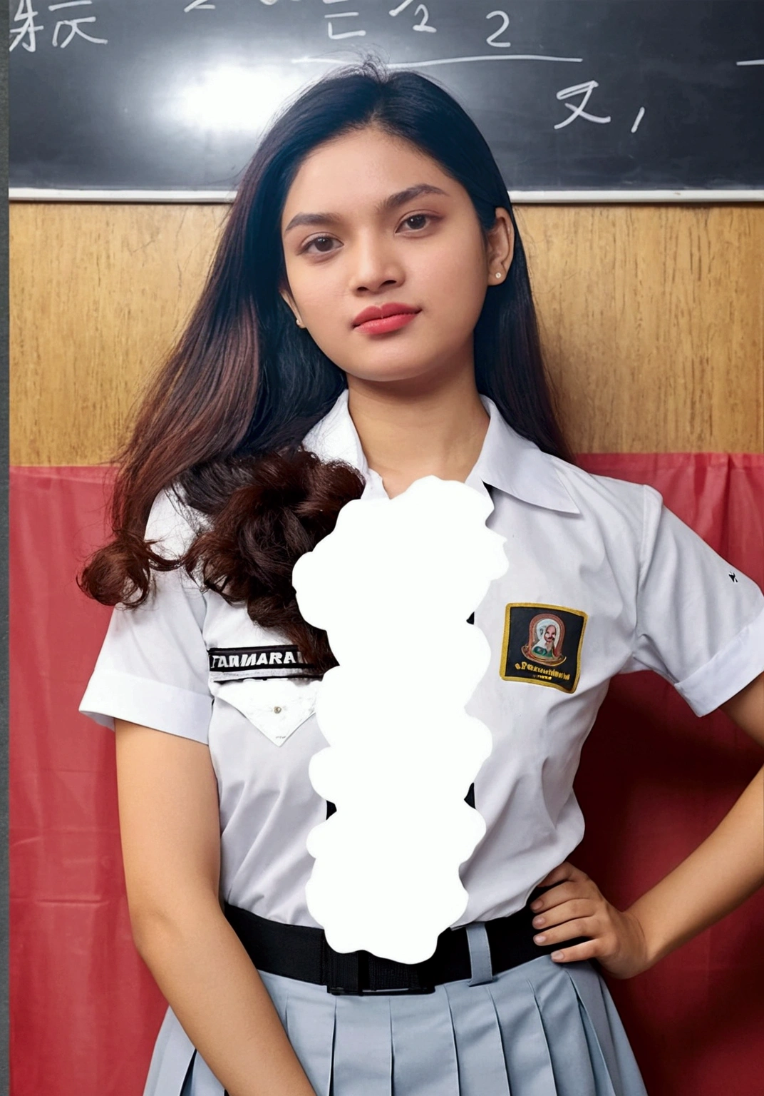 A beautiful woman, 18 years old, with a slightly sweaty face (smells of tamarind), with an expression as if she was smelling her body odor. wearing an Indonesian high school student council uniform (white and gray, the clothes are super tight, the clothes are really tight on the body which emphasizes the curves of her body along with the long skirt) long black wavy hair. Create a standing pose in front of the class & also sitting in class (2 photos)!