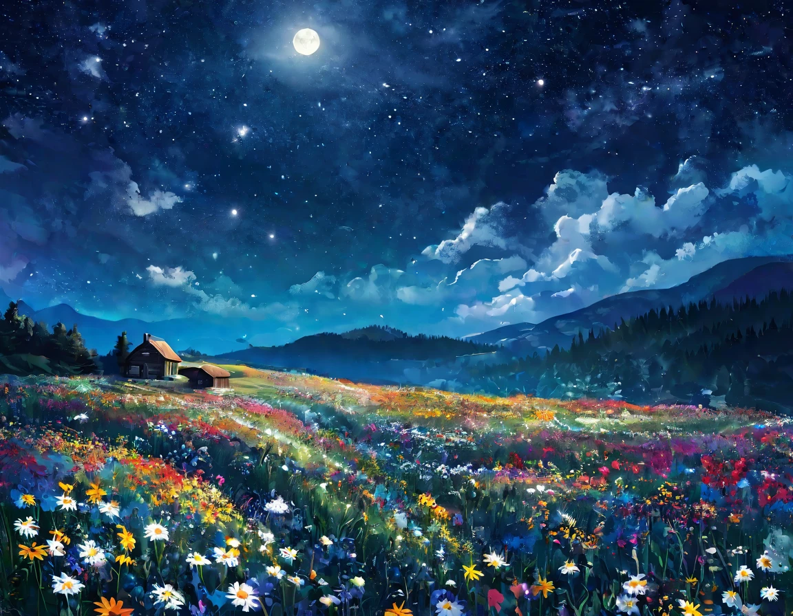 Wildflowers，The night sky is full of flowers,Beautiful as the moon，Moonlight at night，Hippie in the cabin，Hannah Moon，Moonlight，Flower fields at night，Traditional Moon，Moonlight Night