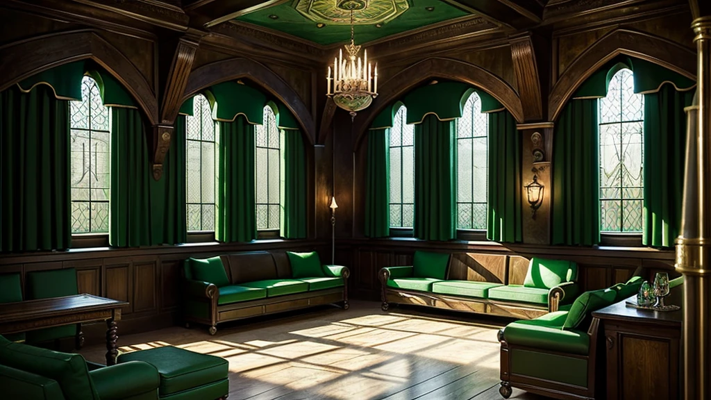 Slytherin Common Room,Hogwarts,Fantasy,Green curtain,Located underground,Large windows,Green light,sofa,interior,Silver and green decoration,Highest quality,masterpiece
((Harry potter))
((Hogwarts))
((Hogwartsレガシー))