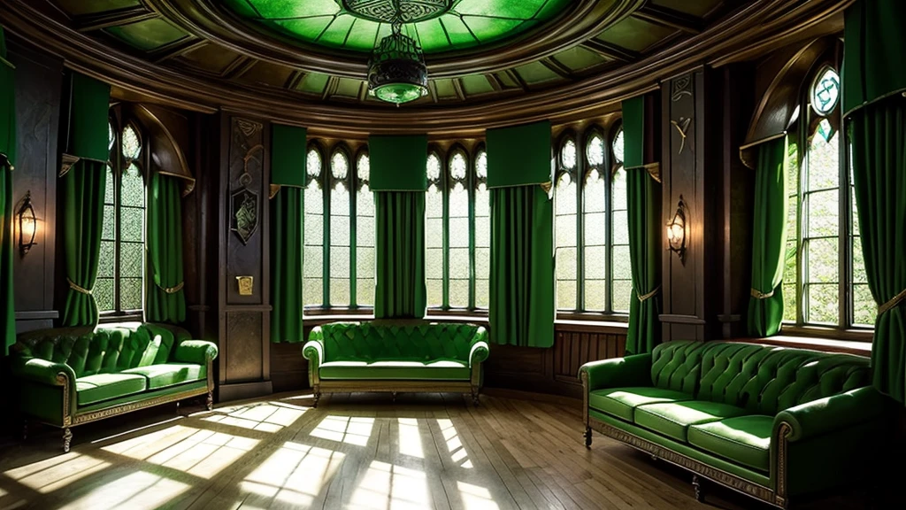 Slytherin Common Room,Hogwarts,Fantasy,Green curtain,Located underground,Large windows,Green light,sofa,interior,Silver and green decoration,Highest quality,masterpiece
((Harry potter))
((Hogwarts))
((Hogwartsレガシー))