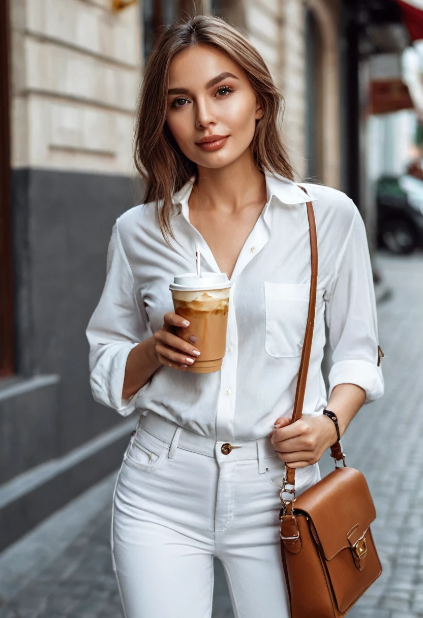 A realistic girl in white shirt, spectacular, and bag in hand, medium breast, drinking cold coffee