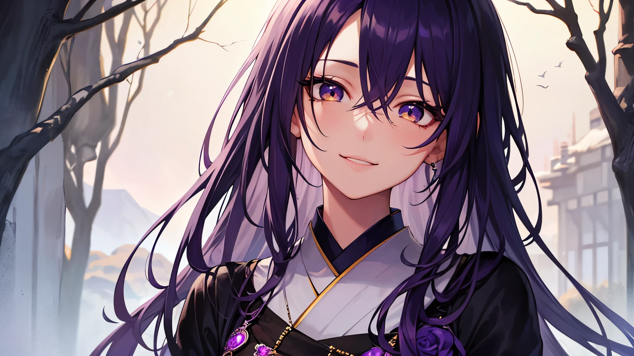 Highest quality, 8k, 4K, High resolution, High Contrast,1girl,only,Beautiful dark purple hair,(Beautifully detailed face), Yellow clear eyes, beautiful eyes, A gentle expression of love, smile, Moderate bust, 20generation, Wearing an amethyst, Deep purple gemstone, Based on purple, Detailed and beautiful natural scenery, Noble Japanese Clothing