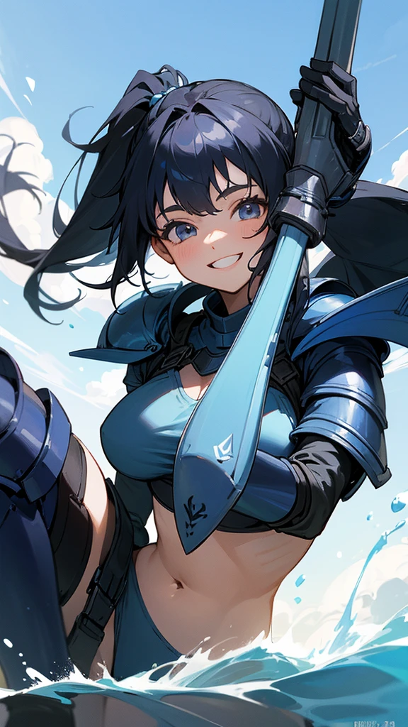 (masutepiece:1.5)、(top-quality:1.5)、(16k wallpaper:1.2)、(Photorealsitic:1.2)、(ultra-detailliert:1.2)、(超A high resolution:1.2)、(Ultra-detailed and realistic skin:1.2)、Detailed and clean eyes、Tsuriformes、Beautiful eyeshadow、(Sea sand beach)、(long black high ponytail:1.3)、Natural Color Lip、large full breasts、Superheroine in revealing costume、(luxury blue sexy armor、a miniskirt、knee high boots and sword:1.3)、Cute smile、provocative smiling、fighting poses