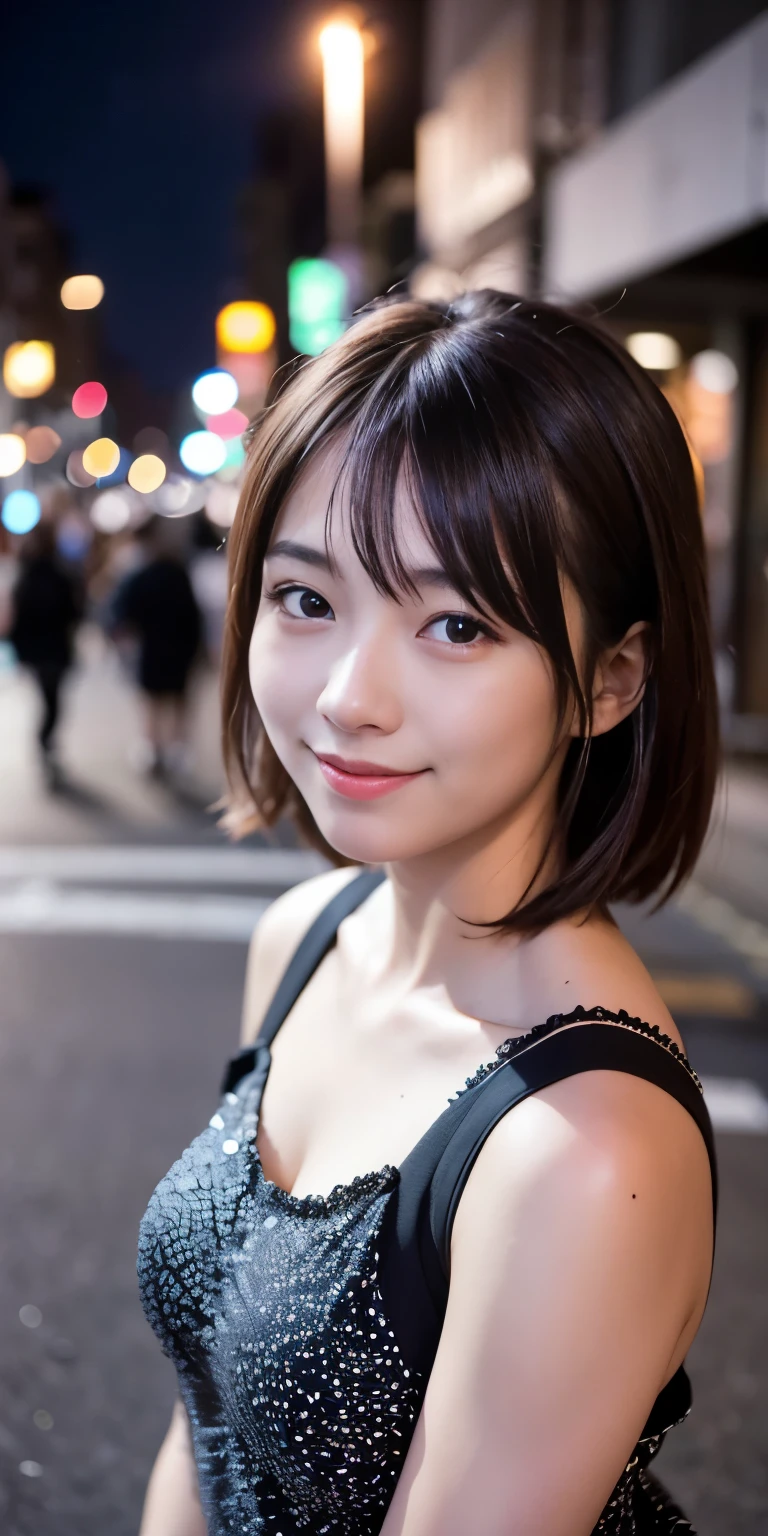 1 girl, Tokyo Street,night, Streetscape,City lights,Upper Body,close,smile,, (8k, RAW Photos, Highest quality, masterpiece:1.2),(Realistic, photo-Realistic:1.37),