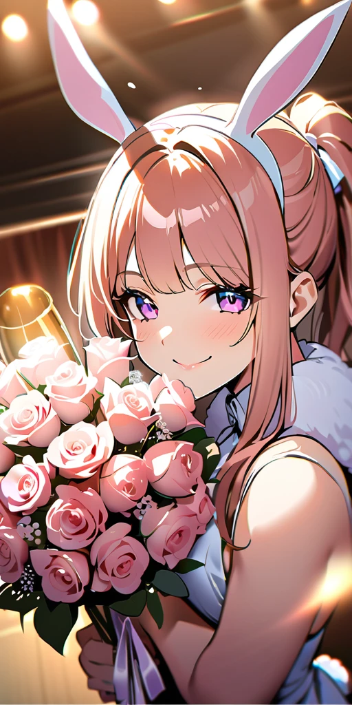 ((Highest quality、、masterpiece:1.3)), Upper Body、Long legs、Sharp focus:1.2, Beautiful woman with perfect figure:1.4、(Smiling:1.2), double eyelid、30-year-old female、Sexy pose、((((Close your mouth、One Woman、Bunny girl、celebration、Champagne、bouquet、Luxury hotel lounge))))、(((((Hands on the side of the body)))))