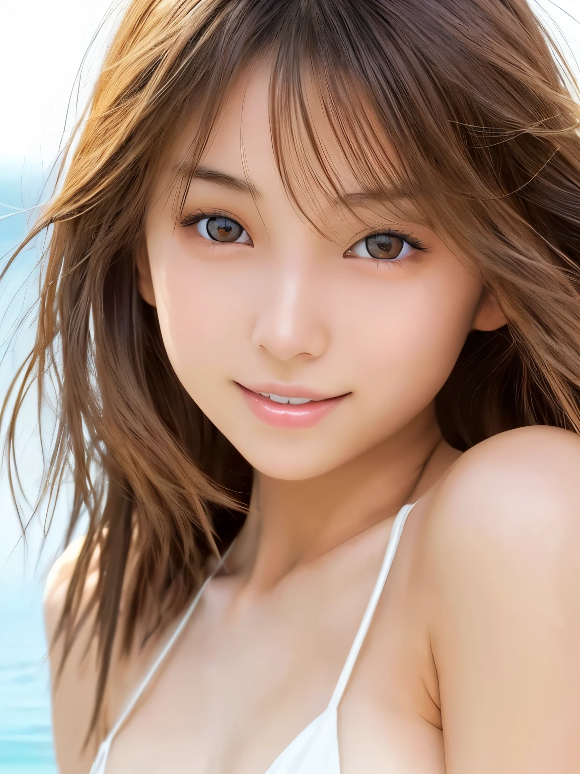 Highest quality、Young and beautiful Japan woman,, Light shiny brown messy medium length hair, Wear a bikini swimsuit, Perfect dynamic composition, Beautiful Eyes, Thin Hair, Detailed and realistic skin texture, Gentle expression, smile, Model Body Type、lips