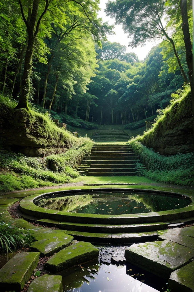A lush green forest with beautiful flowers, in middle of the forest there is a big stone stage broken from the side and stairs attached to it , there is a huge big beautiful aand old mirror in the center of the stone stage and the mirror is see through, the forest is vibrating with the sound of birds and beautiful stream near by