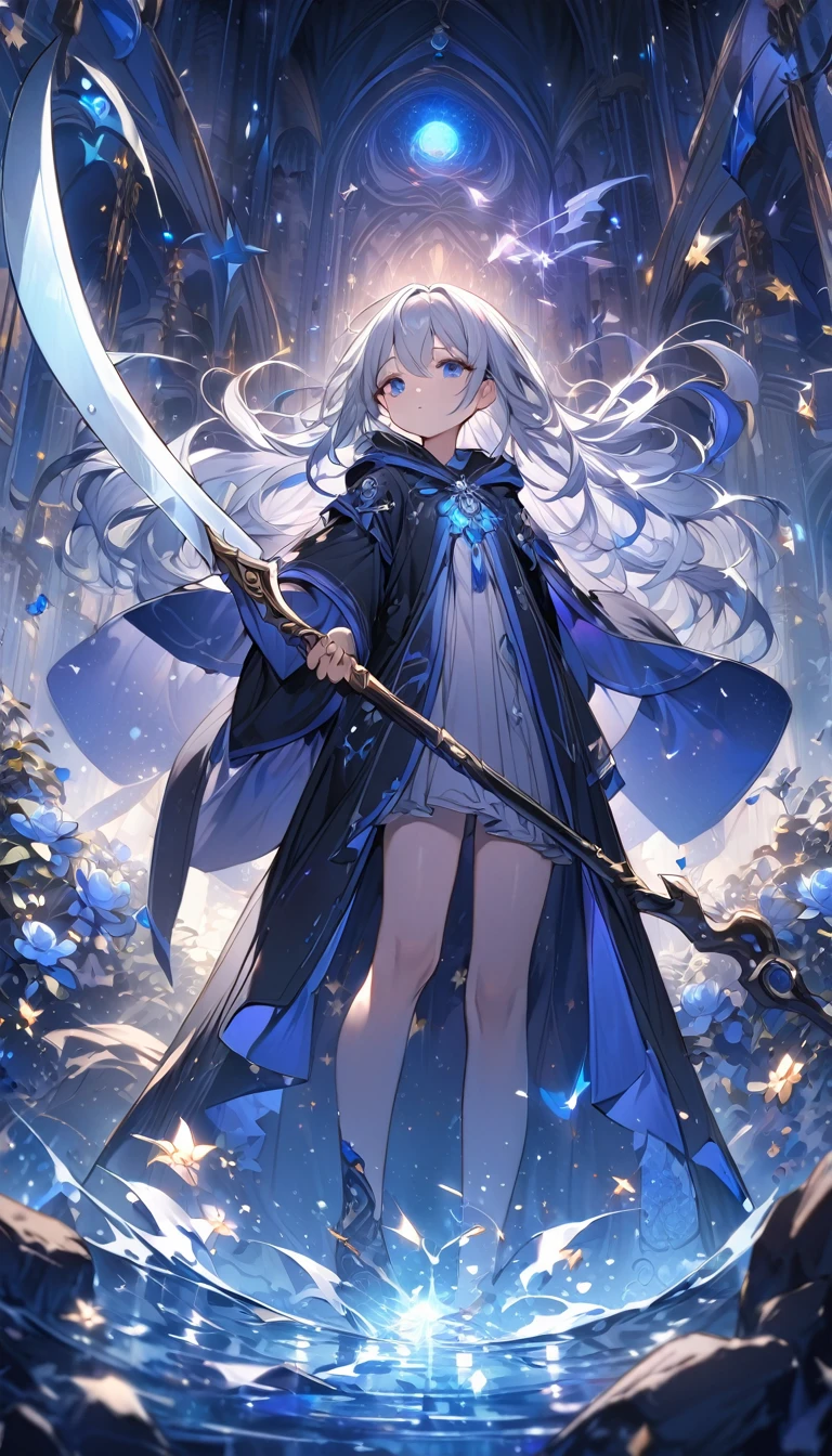 Highest quality,masterpiece,Detailed Details,Super detailed,colorful,The background is dark blue water,Transparency,Use HDR technology to create a sense of depth,beautiful,beautiful自然,Sacred atmosphere,,Alone,Wearing starry wizard robes,Stand in the center of the screen,The whole body faces this way,Look diagonally forward to the left,holding a scythe,A scythe blade made from a blue gem,A scythe handle made from a black gem.,Narrow and gentle eyes,mysterious,Long silver hair decorated with blue flowers,Fantasy atmosphere,beautiful虹色の蝶々is flying in the air