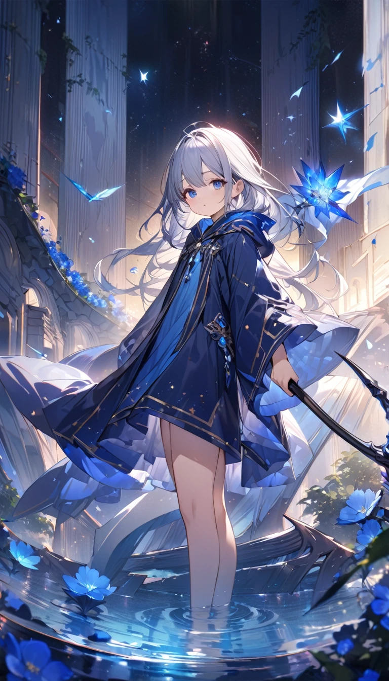 Highest quality,masterpiece,Detailed Details,Super detailed,colorful,The background is dark blue water,Transparency,Use HDR technology to create a sense of depth,beautiful,beautiful自然,Sacred atmosphere,8--old l,Alone,Wearing starry wizard robes,Stand in the center of the screen,The whole body faces this way,Look diagonally forward to the left,holding a scythe,A scythe blade made from a blue gem,A scythe handle made from a black gem.,Narrow and gentle eyes,mysterious,Long silver hair decorated with blue flowers,Fantasy atmosphere,beautiful虹色の蝶々is flying in the air