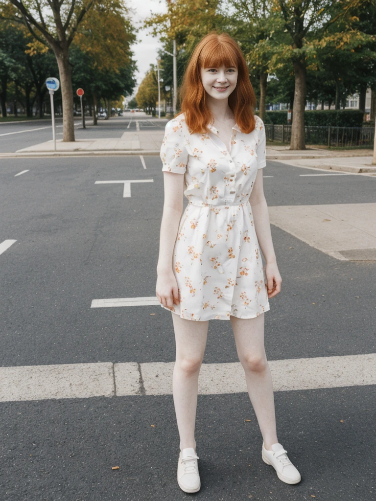 her name is Anna Maria Schmidt, high quality, ((white pale skin)), 1girl, ((20-year-old fit Caucasian woman)), ((20 years old)), ((fit)), ((ginger hair with bangs)), pose: standing, wearing stylish navy printed mini dress, BACKGROUND: street bicycle , ugly smiling, standing, loose waves