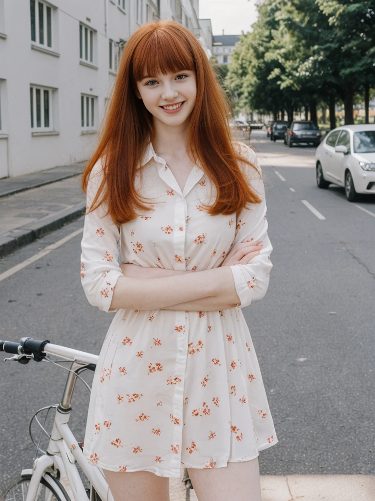 her name is Anna Maria Schmidt, high quality, ((white pale skin)), 1girl, ((20-year-old fit Caucasian woman)), ((20 years old)), ((fit)), ((ginger hair with bangs)), pose: standing, wearing stylish navy printed mini dress, BACKGROUND: street bicycle , ugly smiling, standing, loose waves