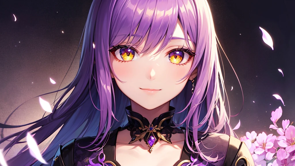 Highest quality, 8k, 4K, High resolution, High Contrast,1girl,only,Beautiful dark purple hair,(Beautifully detailed face), Yellow clear eyes, beautiful eyes, A gentle expression of love, smile, Moderate bust, 20generation, Wearing an amethyst, Deep purple gemstone, Based on purple, Detailed and beautiful natural scenery, Noble Japanese Clothing