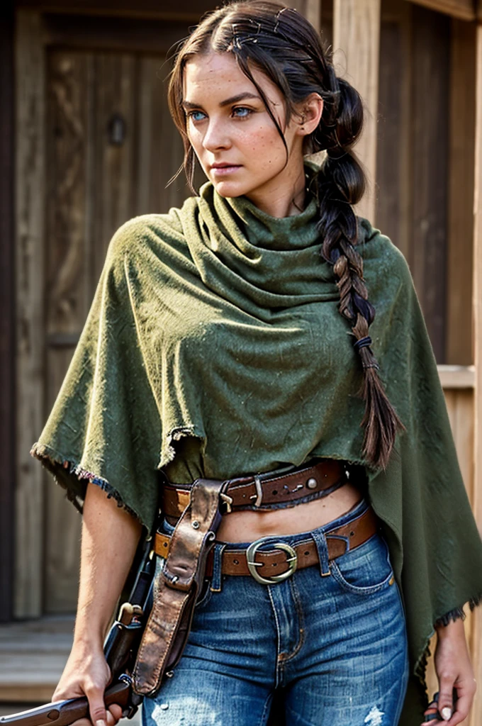 ((Female, 27 years old, red dead redemption aura, 1800s outlaw, dark green eyes, dark brown hair in messy braid, wearing dark poncho and tattered jeans, gun belt, knife strapped to leg, rifle strapped to back, dirty skin, back to viewer, head turned to look at viewer, slightly frown, cupid lips, roman nose, intimidating look, excellent quality, detailed face, detailed clothing, detailed body))
