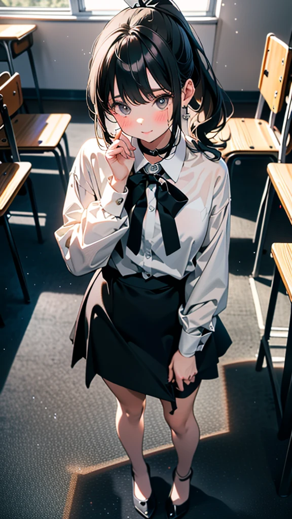 (8k, RAW Photos, 最high quality, masterpiece:1.2), high qualityのRAWカラー写真, Professional photo shoot, Cinematic Light, alone, (((young woman, Gal))), (Sharp features), (Small face), (Skin with attention to detail:1.2), clavicle, Cute Face, Beautiful appearance, Long eyelashes,Embarrassed, (Black Hair, ponytail), ((School teacher)), Black heels,,Embarrassed, Artistic painting,Attractive thighs, (Very nice touch:1.2),A shy smile), Peaceful atmosphere, Oil painting style, Bright colors, (Are standing:1.5, In a school classroom, Full body portrait), Smooth texture, Gazing Eyes, Beautiful Skin, Glowing Skin, ((Perfect Fingers, Five Fingers, Anatomically correct)), Background Blur, high quality, Surreal, ((Very detailed, photo shoot)),Many people々、blush、Plump、((White shirt only))、School classroom、((黒いPencil Skirt))、Full Body Shot、Black Pantyhose、Surrounded by students at school、((Office Lady))、Grab the skirt、Pencil Skirt、blushしてうつむく、Plump