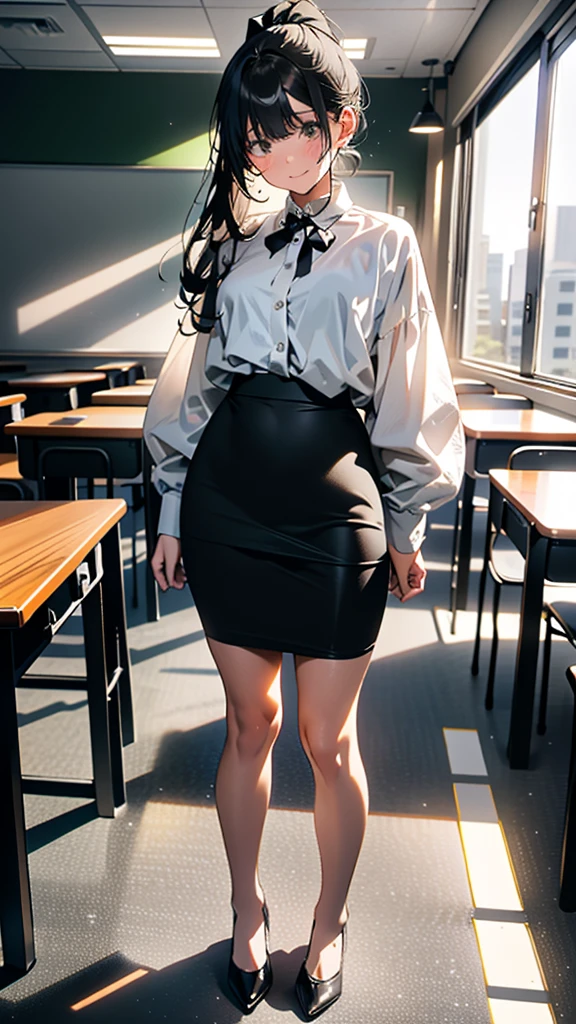 (8k, RAW Photos, 最high quality, masterpiece:1.2), high qualityのRAWカラー写真, Professional photo shoot, Cinematic Light, alone, (((young woman, Gal))), (Sharp features), (Small face), (Skin with attention to detail:1.2), clavicle, Cute Face, Beautiful appearance, Long eyelashes,Embarrassed, (Black Hair, ponytail), ((School teacher)), Black heels,,Embarrassed, Artistic painting,Attractive thighs, (Very nice touch:1.2),A shy smile), Peaceful atmosphere, Oil painting style, Bright colors, (Are standing:1.5, In a school classroom, Full body portrait), Smooth texture, Gazing Eyes, Beautiful Skin, Glowing Skin, ((Perfect Fingers, Five Fingers, Anatomically correct)), Background Blur, high quality, Surreal, ((Very detailed, photo shoot)),Many people々、blush、Plump、((White shirt only))、School classroom、((黒いPencil Skirt))、Full Body Shot、Black Pantyhose、Surrounded by students at school、((Office Lady))、Grab the skirt、Pencil Skirt、blushしてうつむく、Plump