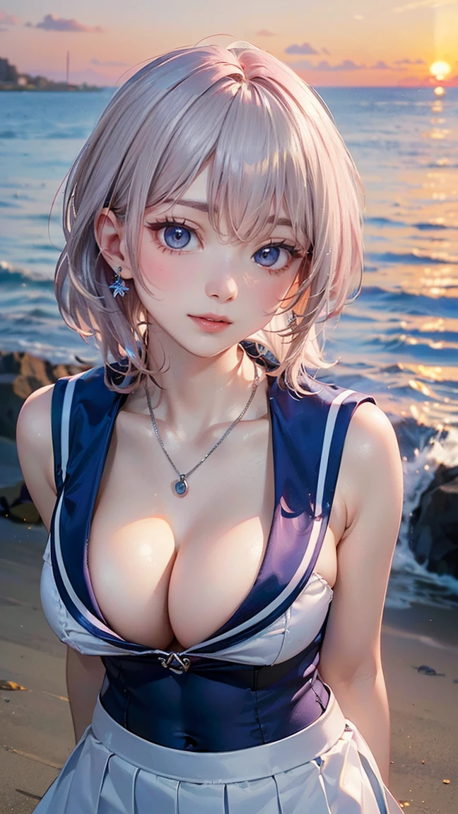 ((Highest quality, 8k, masterpiece :1.3)), (Sharp focus :1.2, Beautiful woman with perfect figure :1.4, Slim Abs), ((Big Breasts, Emphasize cleavage:1.2)), (Photorealistic:1.4), (realistic:1.4), (Pink Hair:1.5), Highly detailed face and skin texture, Fine grain, double eyelid. Makeup face, A little bit of lipstick, sex appeal, Sexy gravure pose, ((Blue sailor suit and white skirt、The background is a seaside sunset、Winking high school girl、Silver pendant。:1.3)