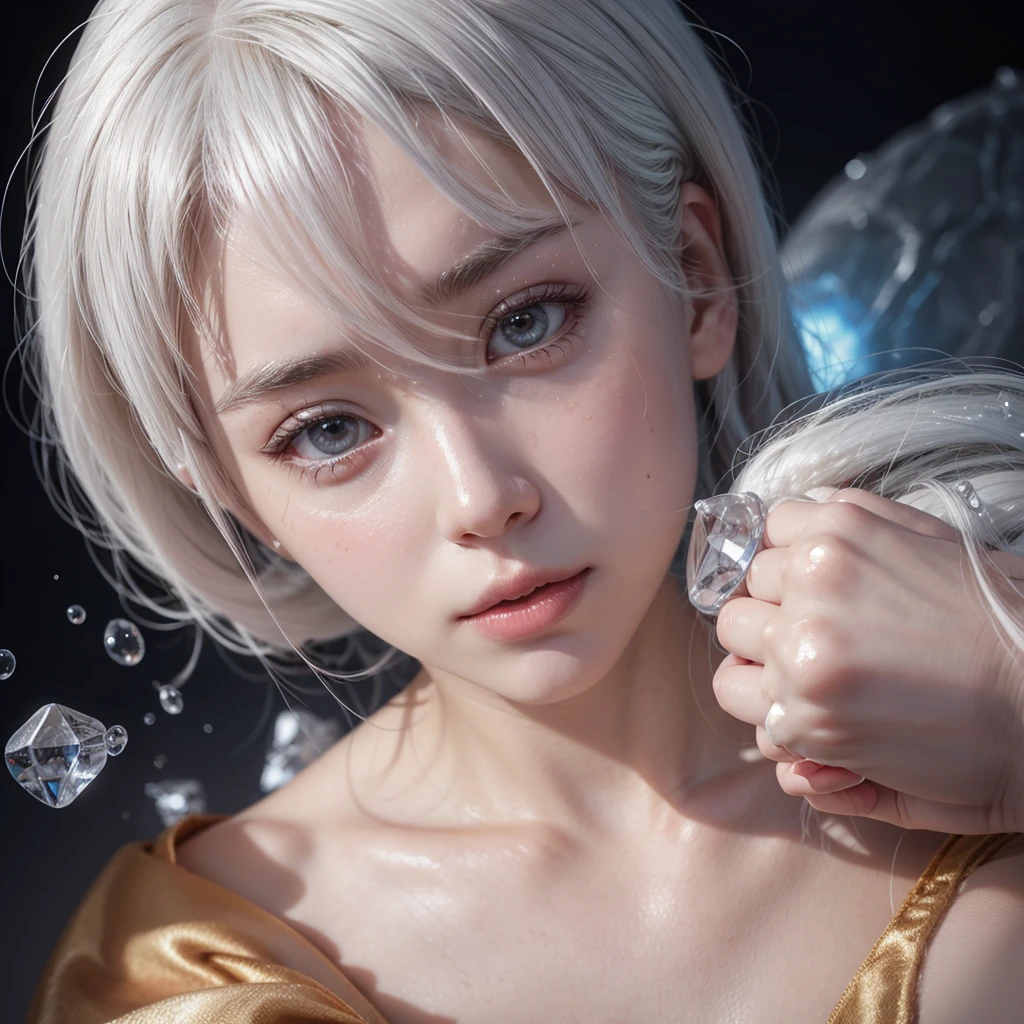One with white hair with a peach skin princess face with ice powers