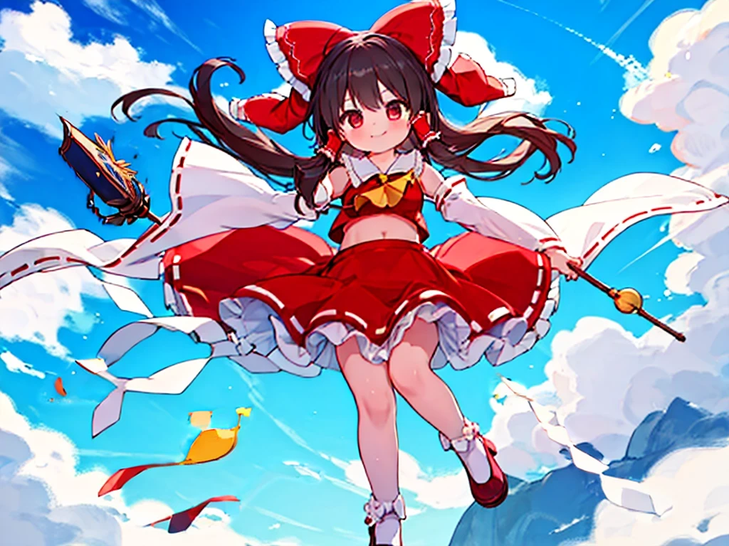 anatomically correct, high quality, 8k,cute girl,reimu,reimu holding a stick, floating trumpet,smile, fine sky background