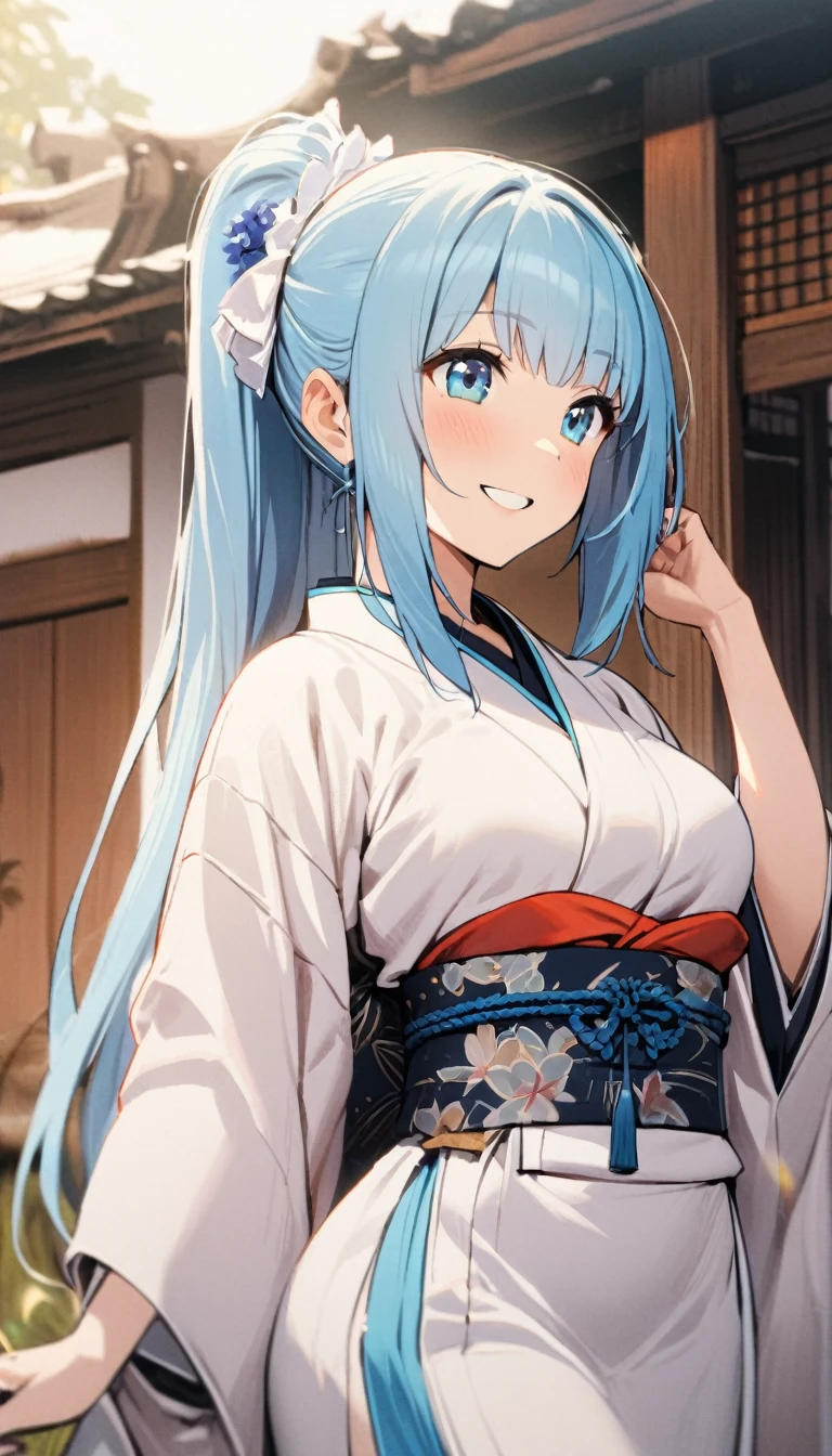 1girl,long face,short sky blue hair, traditional Japanese dress,joyful smile,perfect body,curvy,standing,closer,