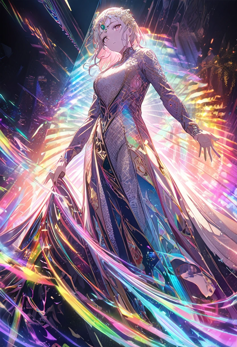 In a world where technology meets spirituality, a luminous celestial being bathes in a holographic aura of rainbow light, radiating a sense of otherworldly beauty. The image is a digital hologram projected against a stark black background, creating a striking contrast. Its ethereal presence is highlighted by intricate metallic filigree patterns that seem to dance and shift with every movement. The details are so incredibly vivid and realistic that it feels as if the divine entity could step out of the screen at any moment. The overall effect is mesmerizing, drawing viewers into a realm of awe-inspiring wonder and magic.anime , girl