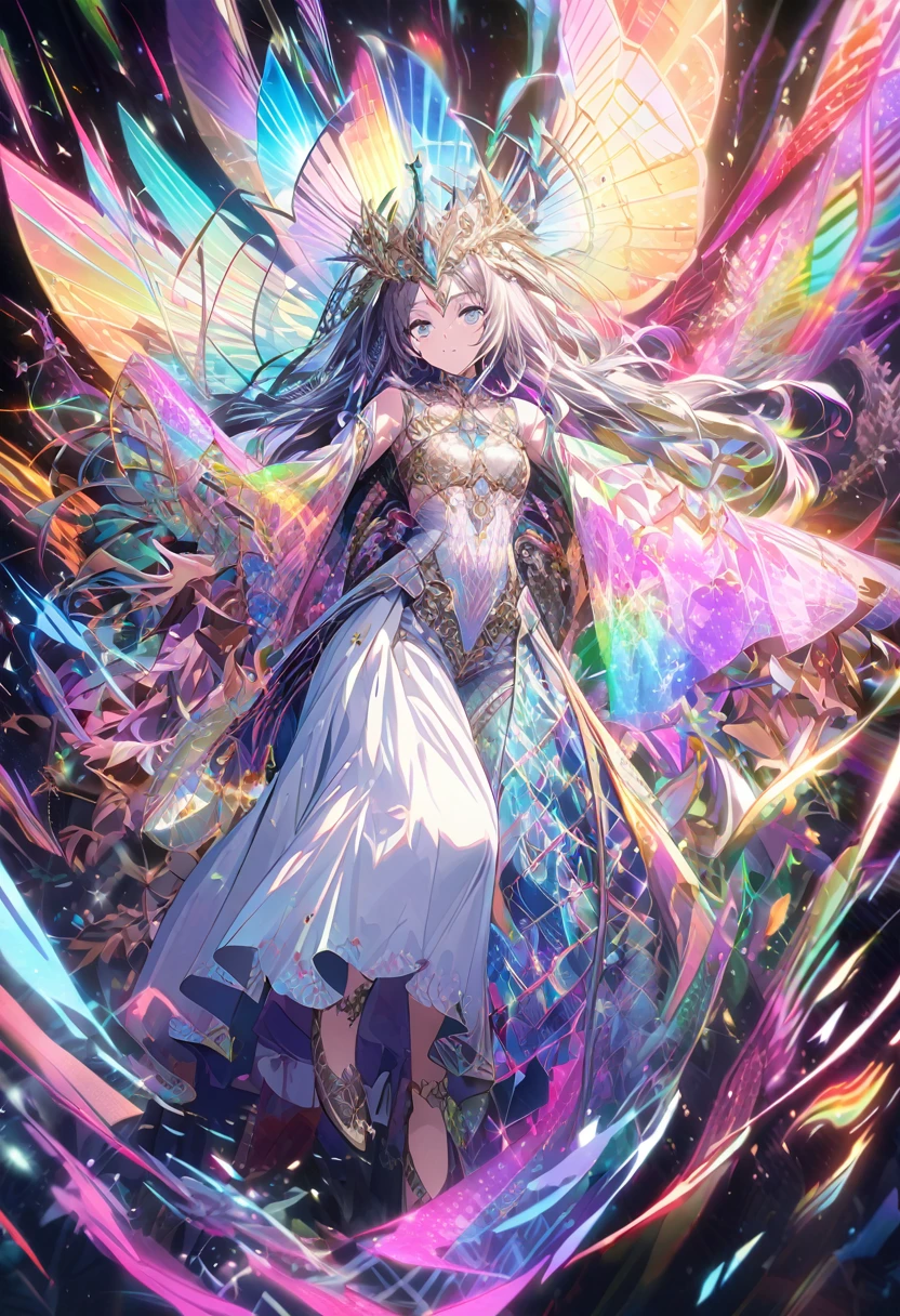 In a world where technology meets spirituality, a luminous celestial being bathes in a holographic aura of rainbow light, radiating a sense of otherworldly beauty. The image is a digital hologram projected against a stark black background, creating a striking contrast. Its ethereal presence is highlighted by intricate metallic filigree patterns that seem to dance and shift with every movement. The details are so incredibly vivid and realistic that it feels as if the divine entity could step out of the screen at any moment. The overall effect is mesmerizing, drawing viewers into a realm of awe-inspiring wonder and magic.anime , girl