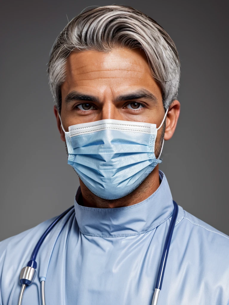 (best quality), 1boy, mature man, 34 years old, tanned skin, silver hair, medium hair, hair loosely combed back, brown eyes, perfect eyes, muscular, handsome, small waist, strong jawline, cold expression, doctor coat, scrubs, surgical mask, fully clothed, clean face, masterpiece, anatomically correct, highres