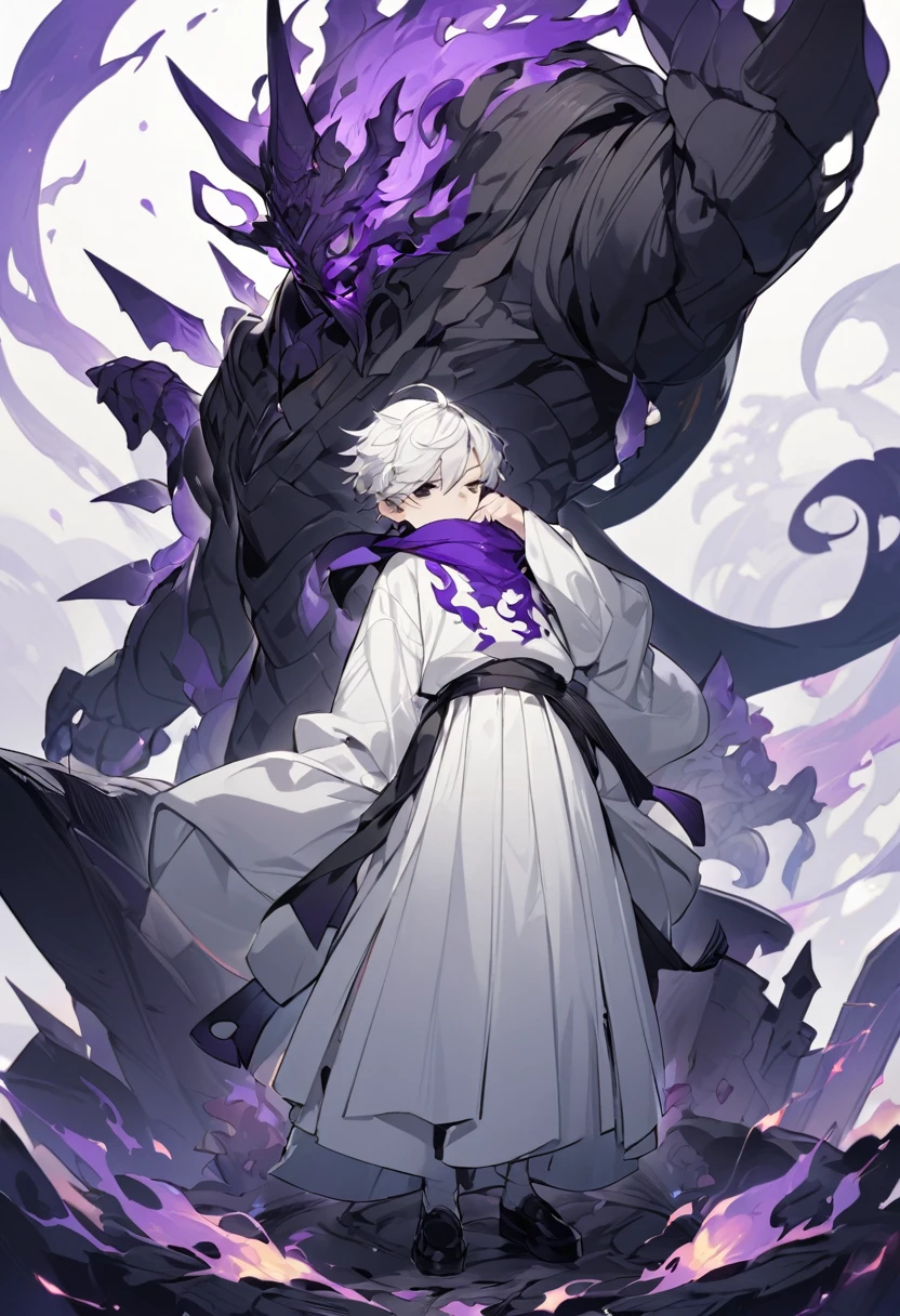 Shawm - 21 years old grown up, which was destined for a greater doings. Shawm is a young man, around 21 years old, a sorcerer which is quite skilled in the magic of cursed purple flames. He's 174 cm long, well built. Usually frowning face shows no sign of emotion, and his half-closed emotionless blank black eyes only consolidate that fact. Tousled white hair with a slight purple colour in it's roots brushed behind, with a small bunch of it sticking up before his eyes. Usually he's dressed in a white shirt, white hakama and black runners. On the neck he wears black long scarf which covers his mouth, with two tips waving behind his back, and on the waist usually wrapped his black and white coloured jacket, wrapped by its sleeves around his body. Cursed flames gather around his figure in a small spiritual swirls.