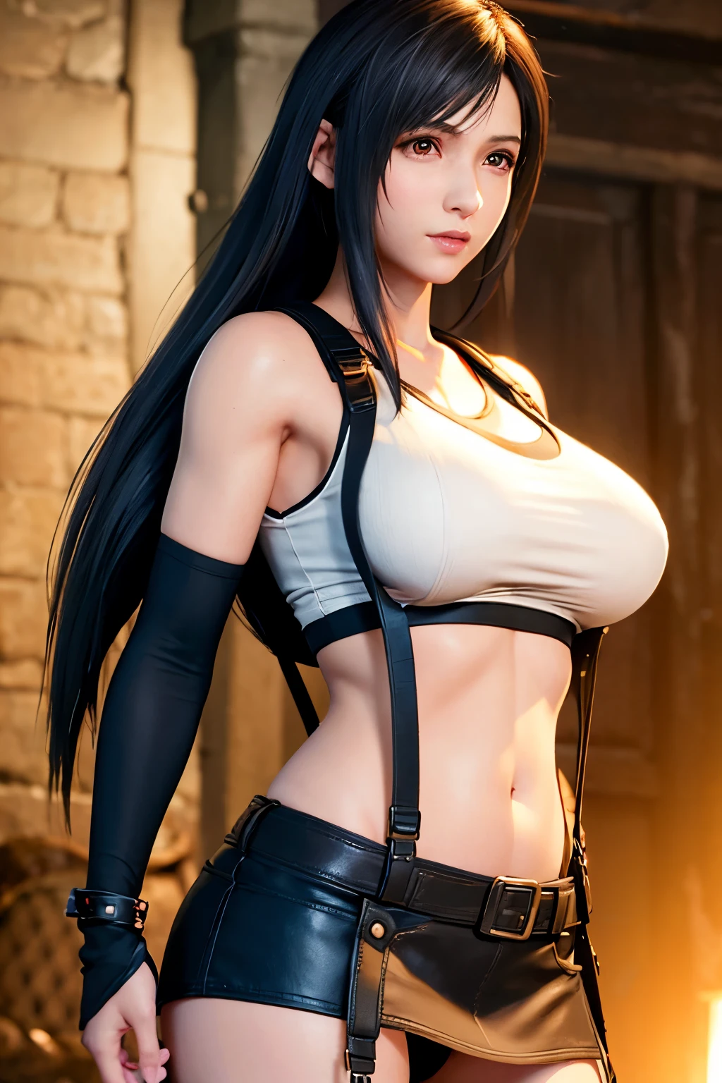 (, blush, 20yo, narrow eyes) (Photorealistic: 1.4), Solo, Top Quality, Very Delicate and Beautiful, High Definition, 1girl, tifa_lockhart, Smile, Cowboy Shot, Suspenders, Low Rise, Mini Skirt, (((Panty))), Tank Top, Tense Shirt, Black Hair, Long Hair, Elbow Gloves, Beautiful Detailed Red Eyes, Face Light, Movie Lighting, Navel, ( gigantic breasts: 1.0), old bars, background blurred, fluttering hair, beautiful woman