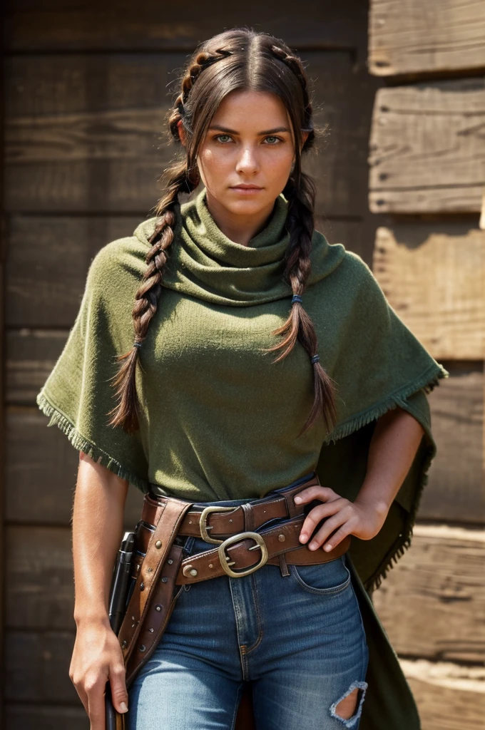 ((Female, 27 years old, red dead redemption aura, 1800s outlaw, dark green eyes, dark brown hair in messy braid, wearing dark poncho and tattered jeans, gun belt, knife strapped to leg, rifle strapped to back, dirty skin, back to viewer, head turned to look at viewer, slightly frown, cupid lips, roman nose, intimidating look, excellent quality, detailed face, detailed clothing, detailed body))