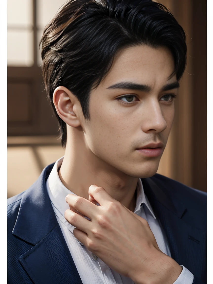 ((masterpiece)),((best quality)),8K,high detail,Very detailed, Very manly,3 men, like,fashion pose, Realistic skin texture, Light,
Royal blue style couple,Perfect hand details