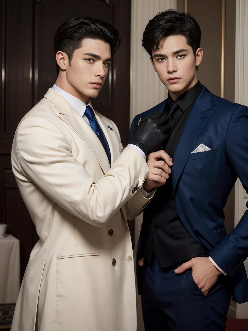 ((masterpiece)),((best quality)),8K,high detail,Very detailed, Very manly，3 men, like，fashion pose, Realistic skin texture, Light,
Royal blue style couple，Perfect hand details